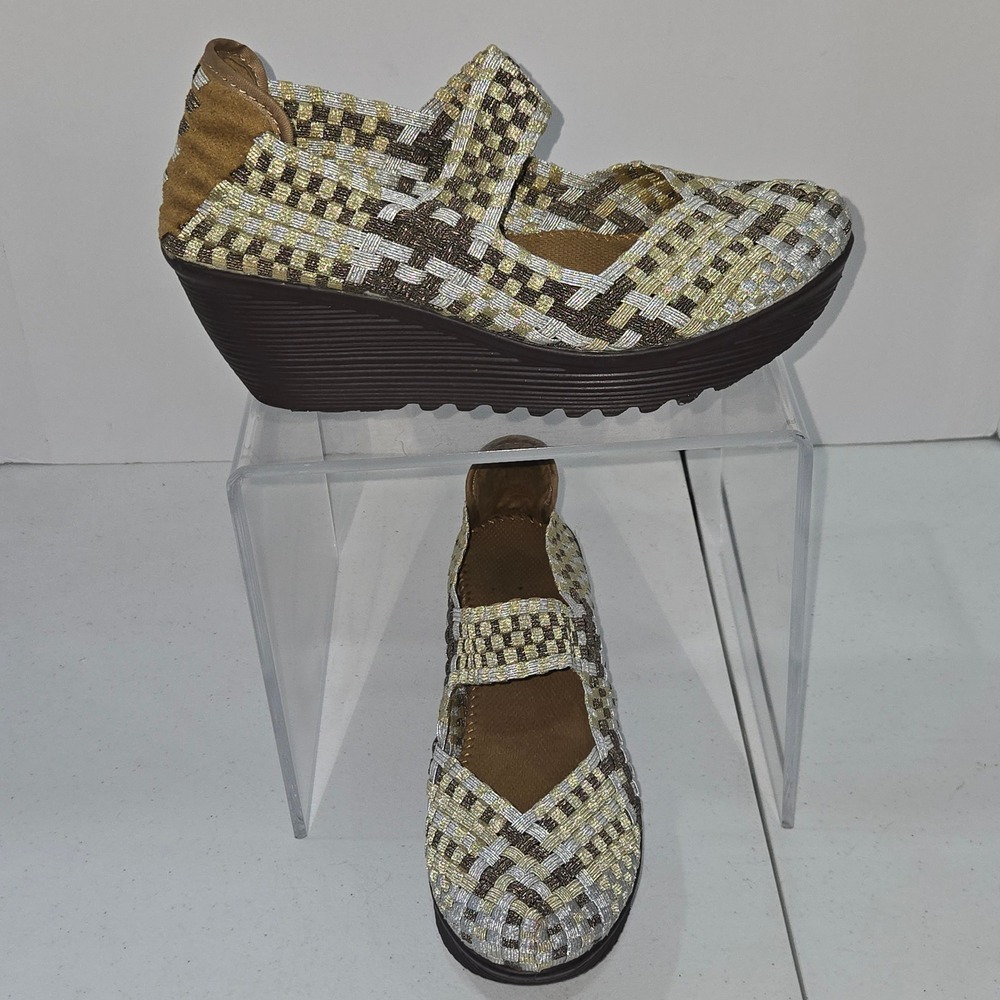 Woven Metallic Elastic Mary Jane Wedge Sandals Gold Silver Bronze Size 8.5 AD6
